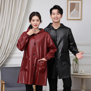 皮革加绒秋冬女罩衣加厚皮衣大人男工作服防水防油大褂pu外套长袖