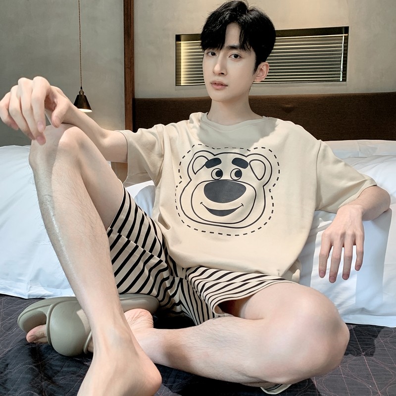 男士睡衣夏季纯棉短袖短裤薄款卡通青少年学生男款夏天家居服套装