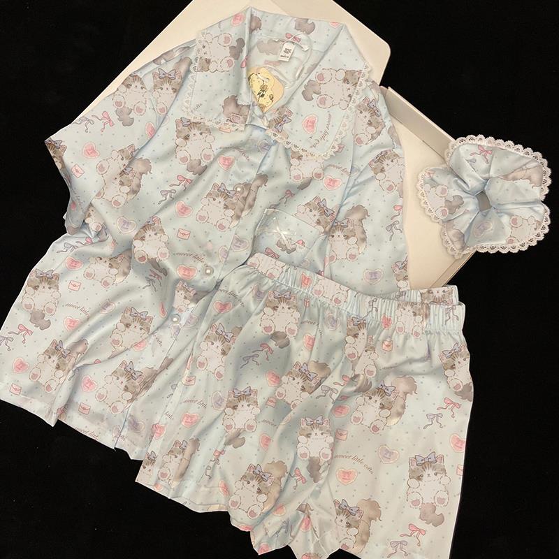 蓝色哈基米冰丝睡衣女夏季新款短袖短裤卡通可爱高级感家居服套装