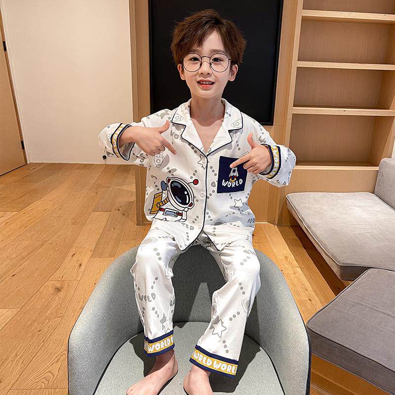 2023新款男童睡衣儿童春秋长袖纯棉套装男孩青少年大童家居服夏款
