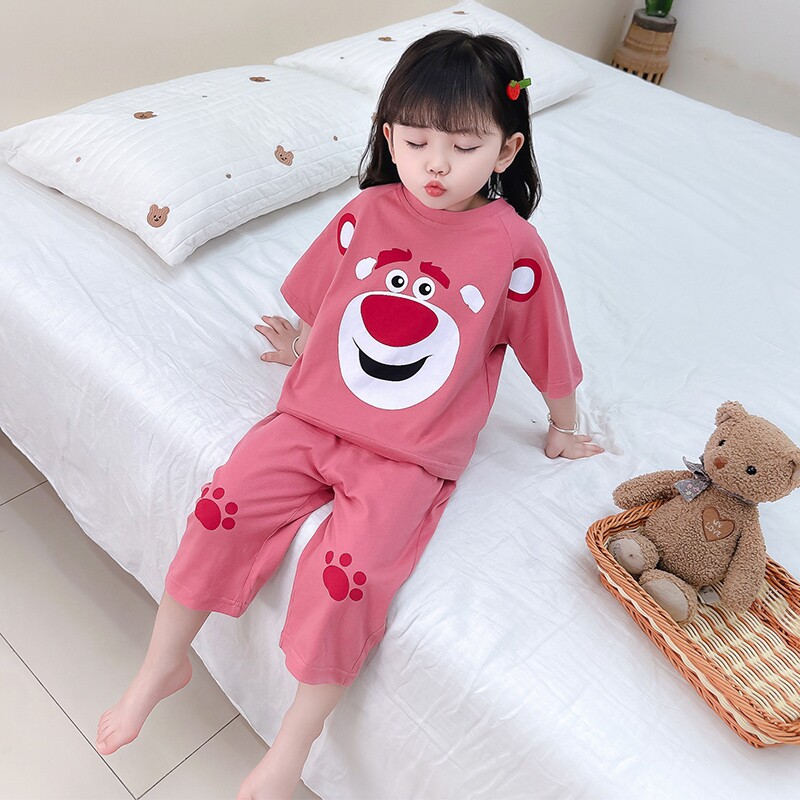 儿童睡衣女孩夏季纯棉短袖家居服女童空调服薄款宝宝公主卡通套装