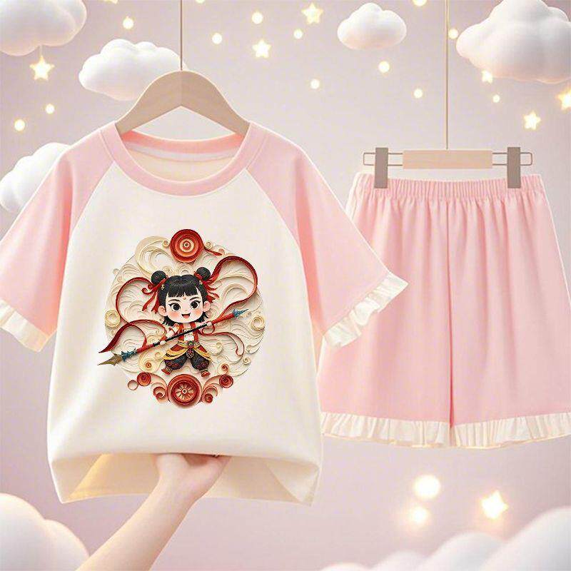 女童儿童纯棉睡衣2025夏季薄款哪吒短袖女孩中大童家居服套装