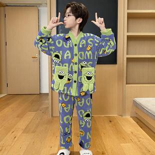 儿童睡衣珊瑚绒法兰秋冬季加绒加厚款男童男孩家居服2024新款冬天