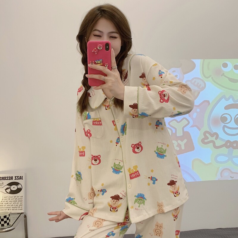 2022年新款草莓小熊春秋季长袖睡衣女棉质纱布可外穿夏天开衫套装