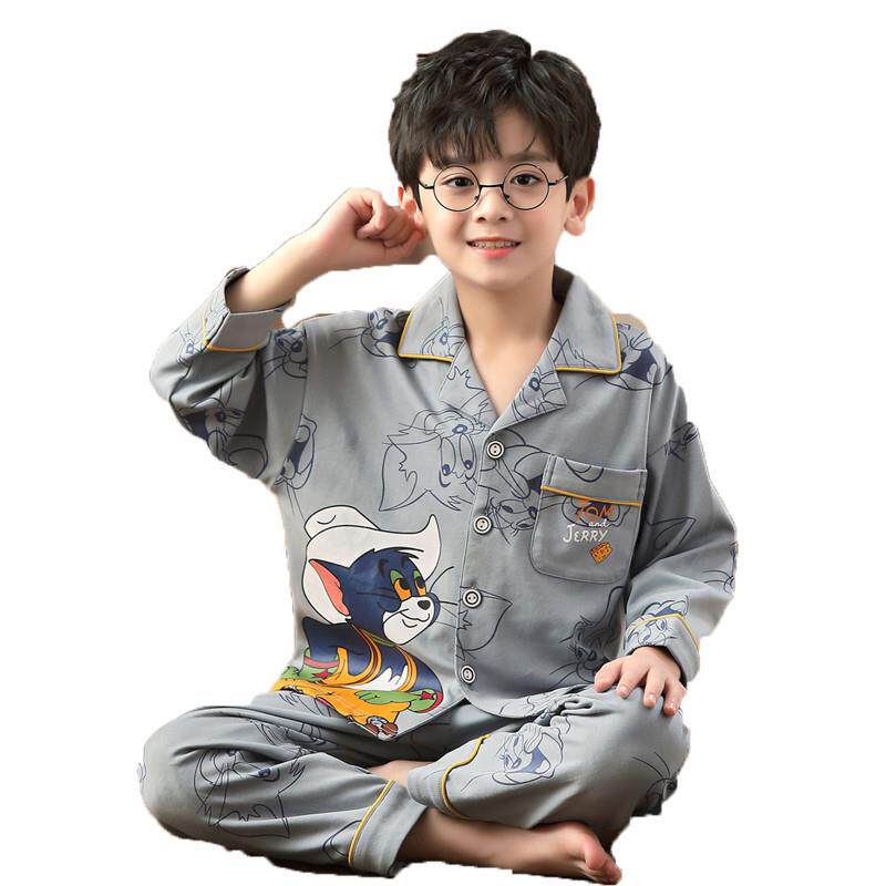 儿童睡衣男童纯棉长袖春秋薄款中大童男孩开衫翻领家居服套装夏天