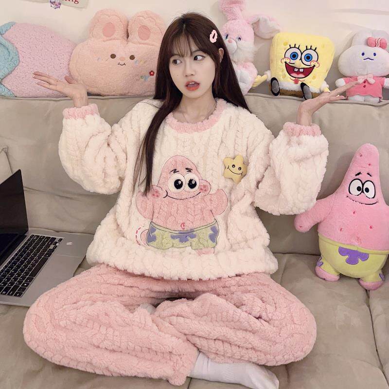 粉色派大星羊羔绒睡衣女秋冬季新款加绒加厚可爱珊瑚绒家居服冬天