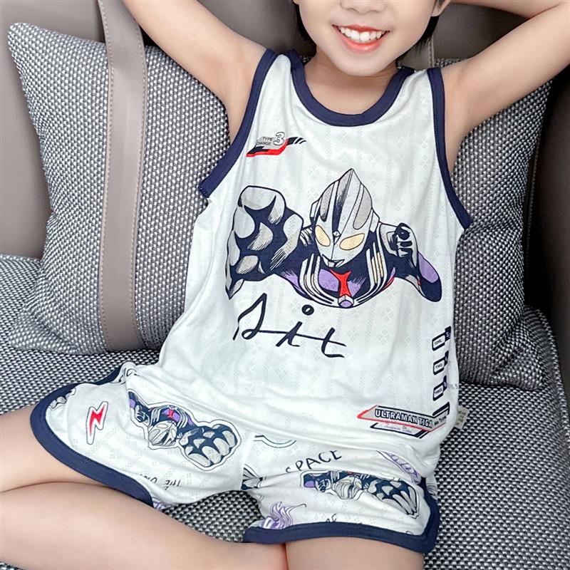 男童睡衣背心套装夏季薄款竹纤维男孩奥特曼冰丝儿童家居服中大童