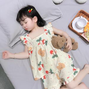 女童睡衣儿童夏季纯棉纱布短袖套装透气空调服女孩宝宝公主家居服