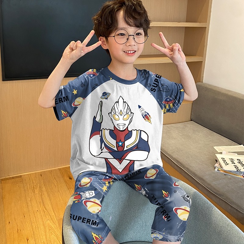 儿童睡衣男童夏季短袖家居服薄款夏天男孩纯棉大童奥特曼2023新款