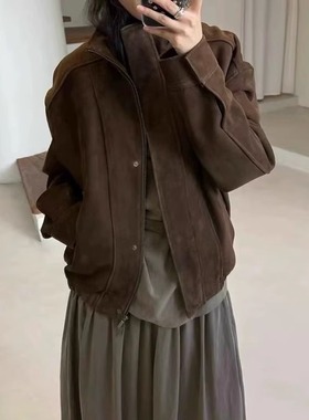 moia复古宽松高领纯色拉链麂皮夹克25秋季新款韩货定制