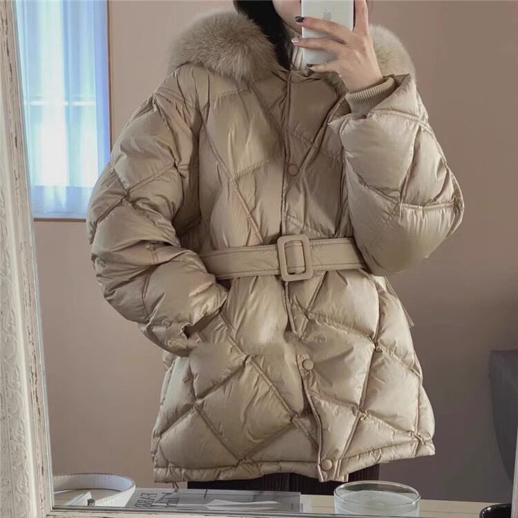 the able狐狸毛领收腰菱格中长款连帽羽绒服25冬季韩货定制