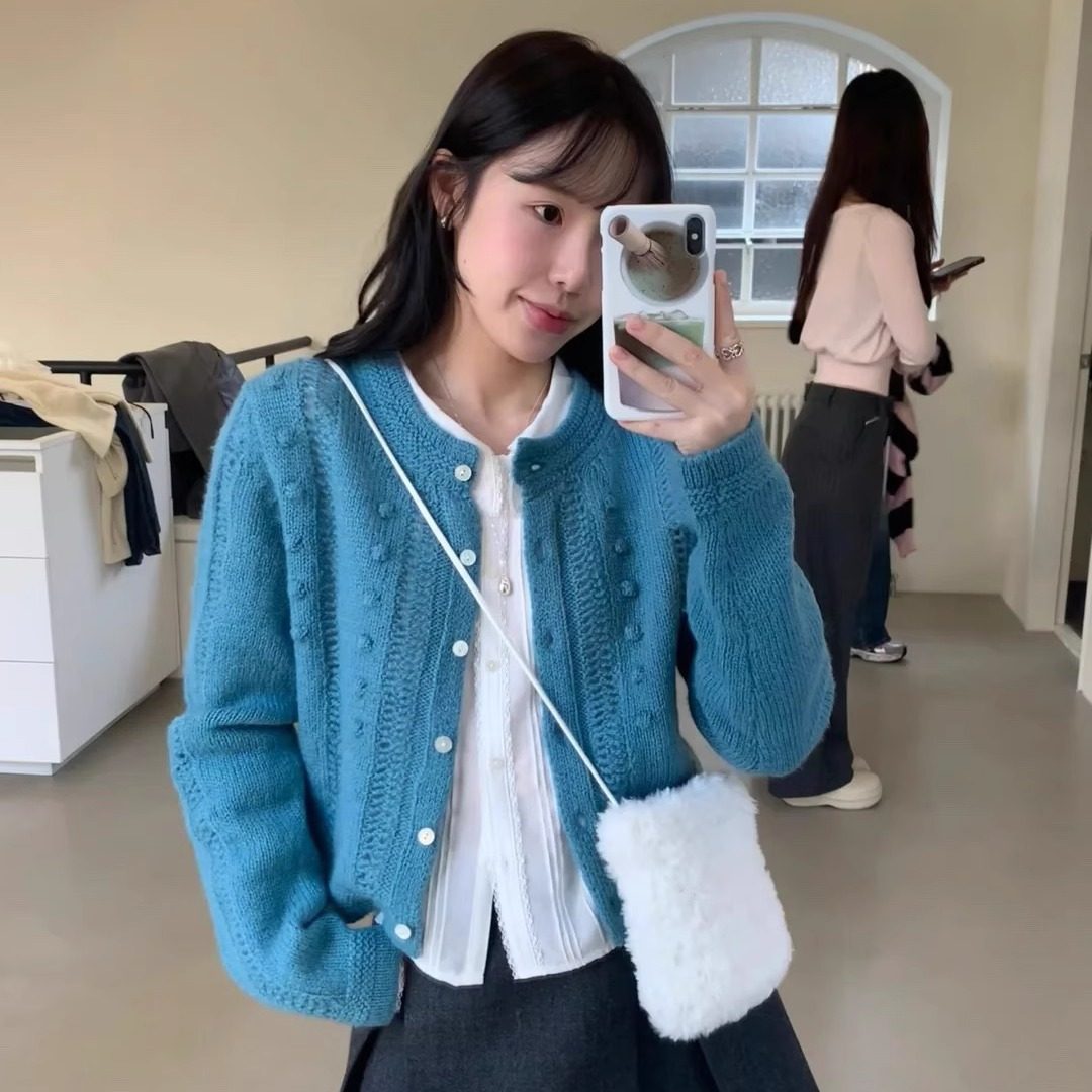 tannat苏格兰风立体泡泡单排扣羊毛开衫25冬季新款韩货定制