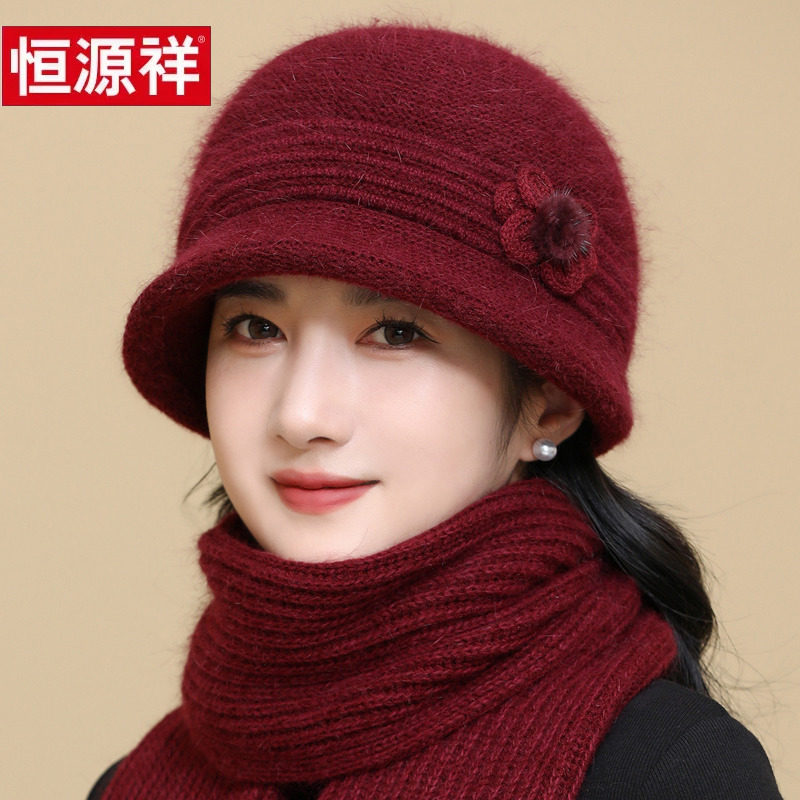帽子女秋冬天加绒保暖毛线帽妈妈简约针织棉帽中老年人奶奶防寒帽