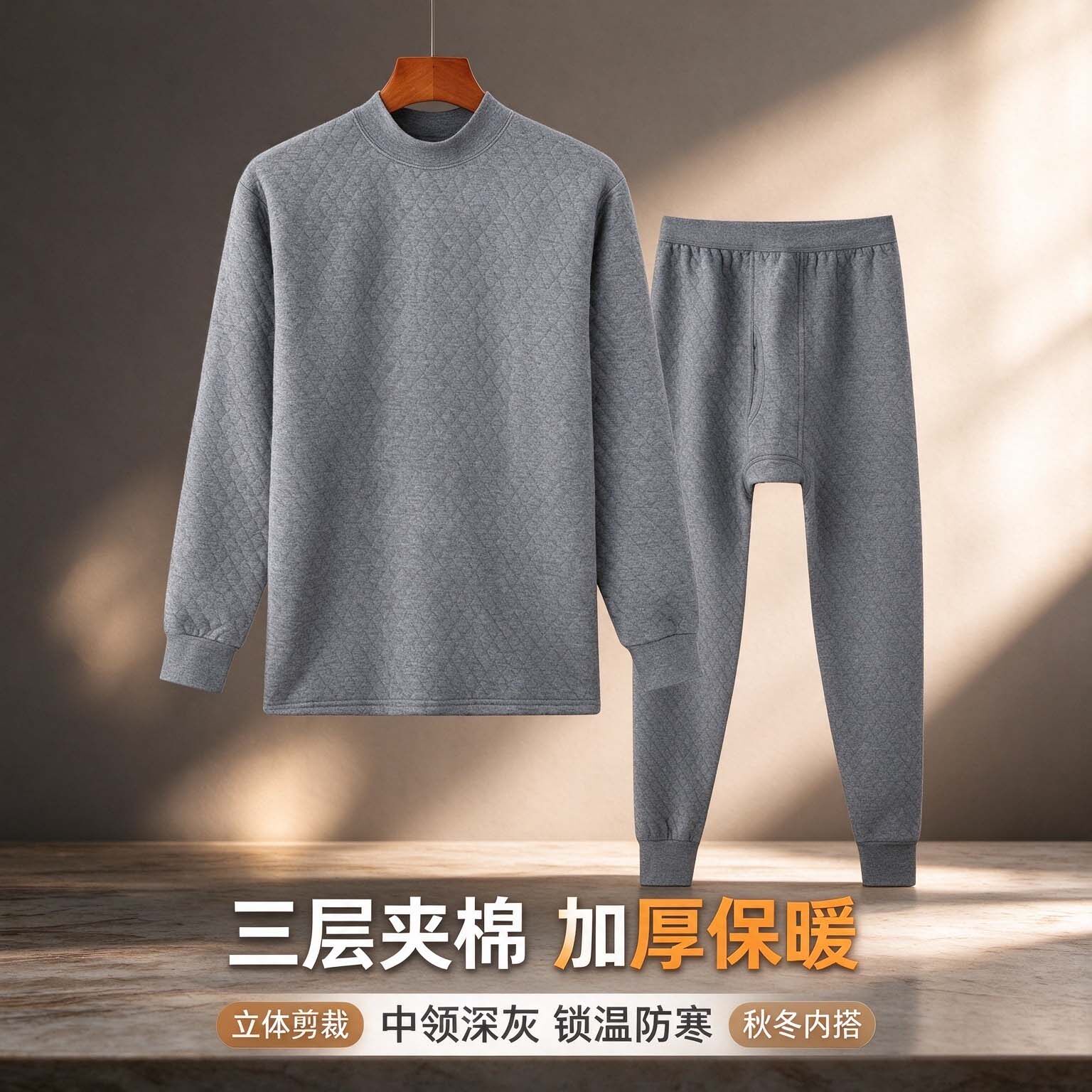 中老年男士加厚夹棉加绒保暖套装