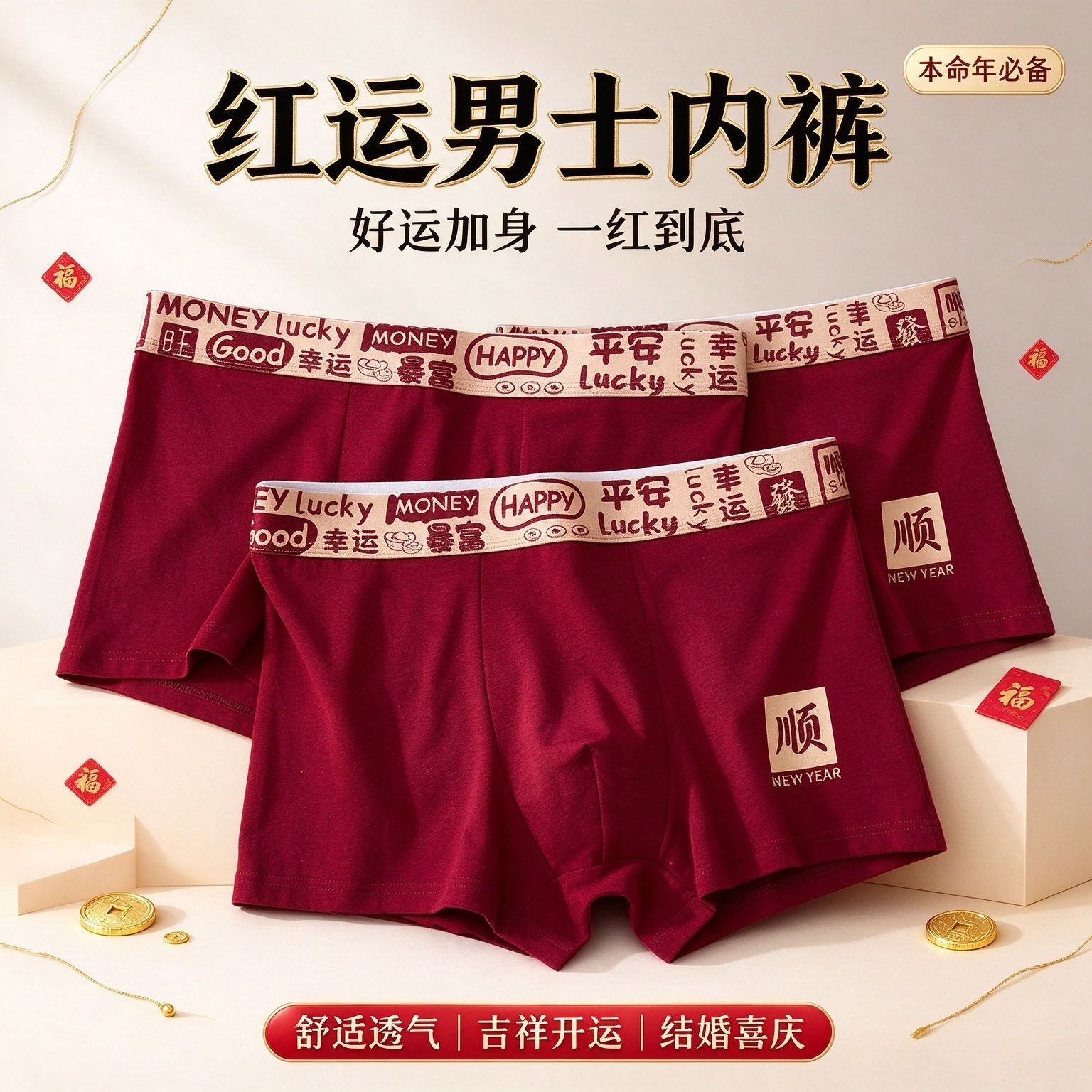 本命年红色男士内裤男款纯棉透气平角裤中腰结婚喜庆礼物四角短裤