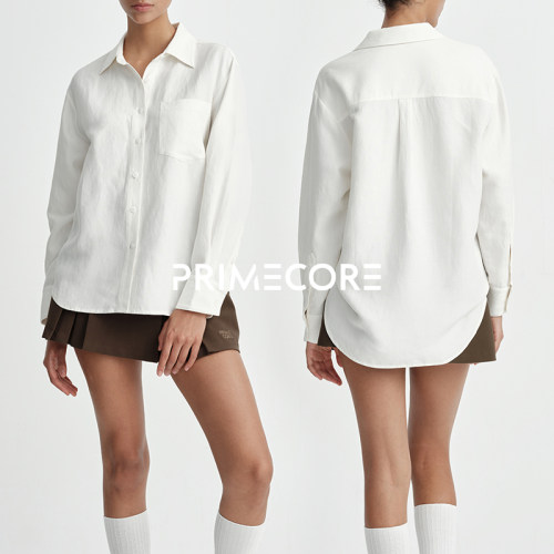 PRIMECORE秋冬亚麻混纺衬衫白色衬衣女通勤气质上衣女