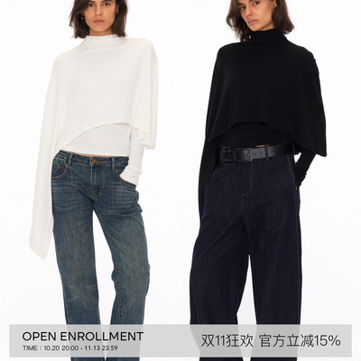 OPEN ENROLLMENT Noble Long Sleeve 不对称双层斗篷打底衫 白/黑
