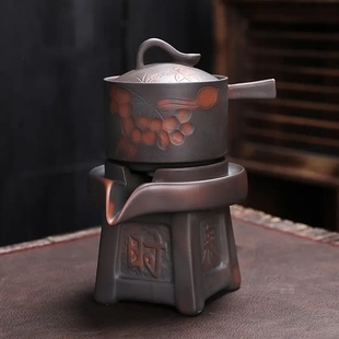 家用客厅简约复古陶瓷全自动功夫茶杯石磨懒人泡茶器 紫陶茶具套装