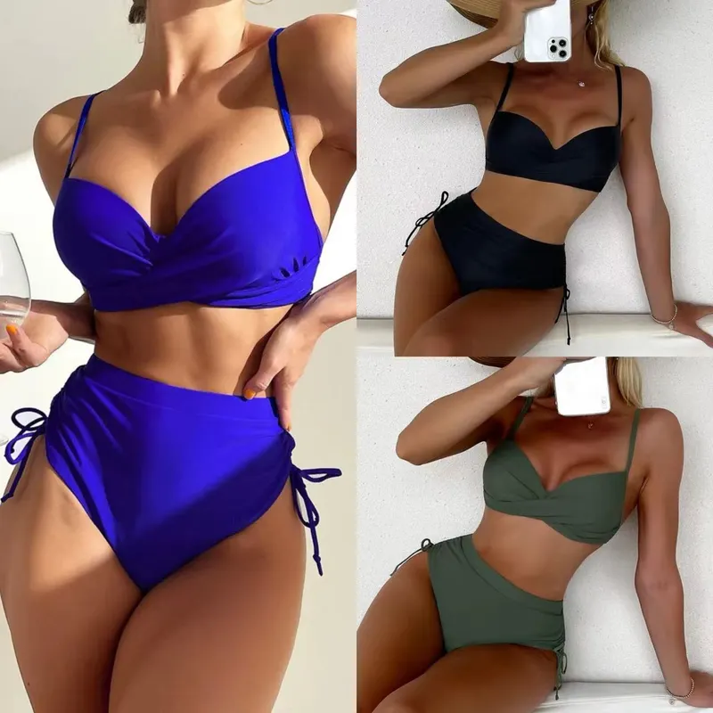 2022欧美新款硬杯纯色绑带三角裤分体比基尼性感 bikini 速卖通