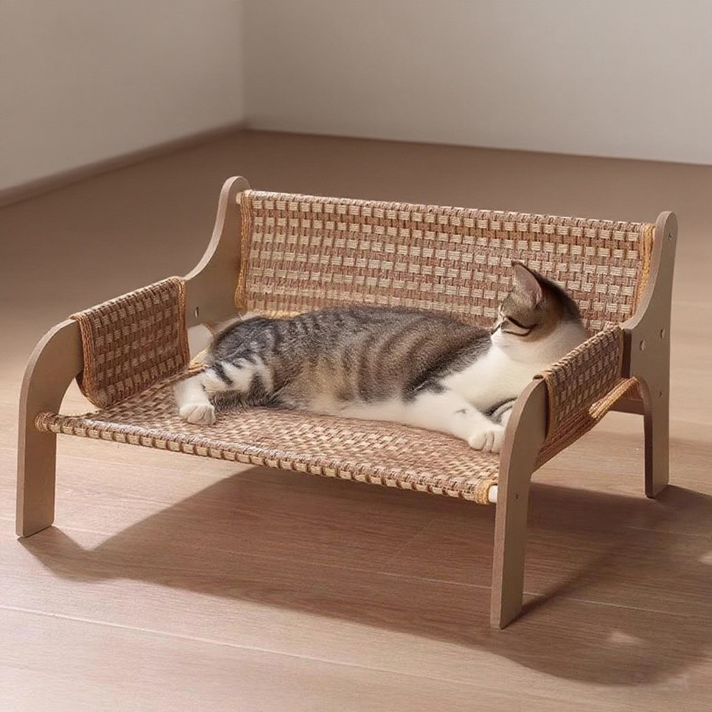 日式藤编猫窝四季通用夏季猫吊床凉席猫床加大号猫咪安全感宠物窝