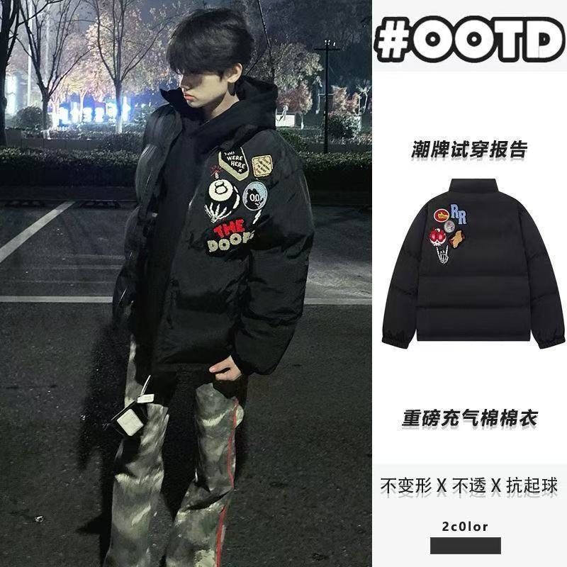 潮牌美式高街字母印花立领冬季棉服男宽松加厚棉衣情侣款外套ins