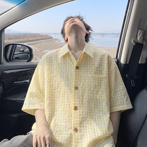 夏季薄多巴胺格子短袖衬衫男美式