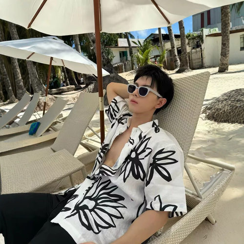 海边古巴领冰丝沙滩花衬衫短袖男