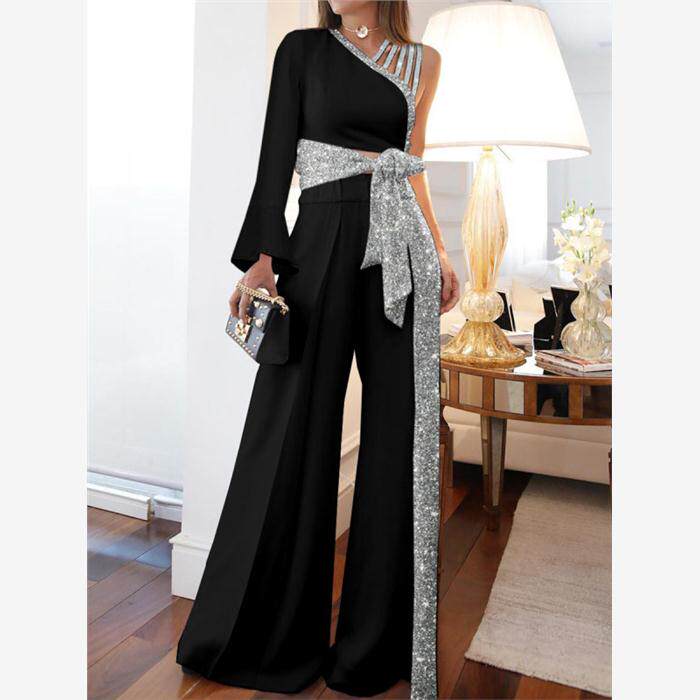 Women off shoulder casual suit 欧美女露肩休闲上衣大码阔腿裤