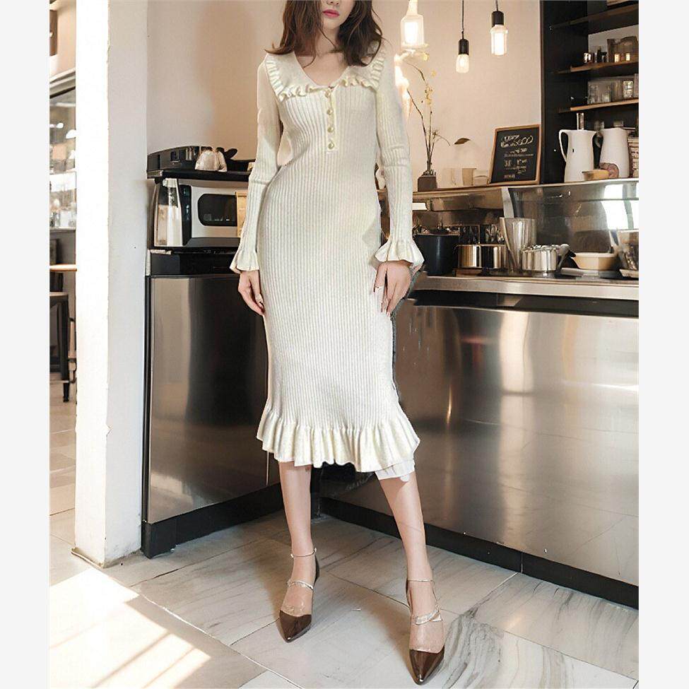 Women knitted dress法式荷叶边连衣裙针织裙秋冬毛衣裙复古淑女