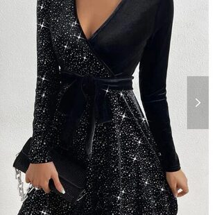 Sequin velvet dress欧美秋冬新款女装纯色性感亮片天鹅绒连衣裙