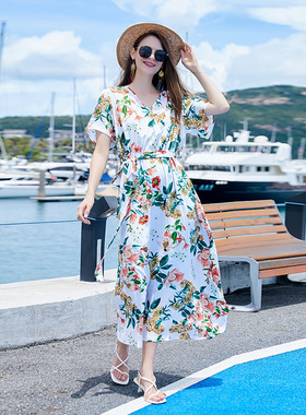 plus size 5XL summer long beach dress 开衩超仙印花V领长裙