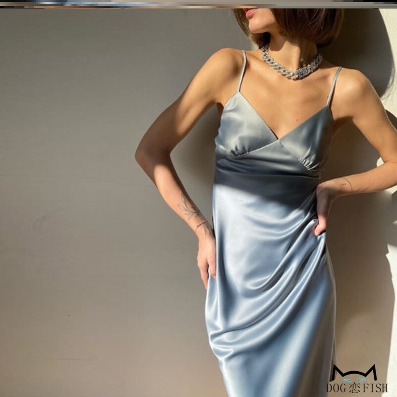 性感吊带V领缎面仿真丝滑气质长款连衣裙女suspender Satin Dress