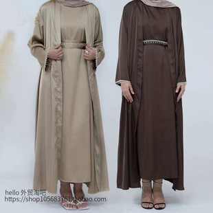 新款中东迪拜纯色时尚钉珠水晶链条连衣裙Ethnic style dress set