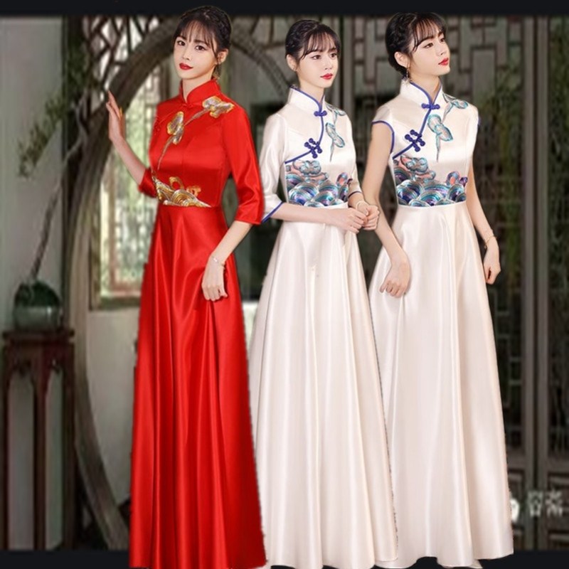 新款迎宾礼仪服装青花瓷旗袍春季运动会合唱演出服女长裙学生礼服