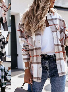 2020亚马逊wish欧洲站热卖秋冬长袖格子衬衣外套欧美女装留学生