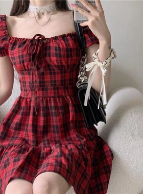 2023summer women red plaid dress ladies cute fashion dresses
