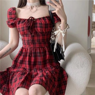 2023summer women red plaid dress ladies cute fashion dresses