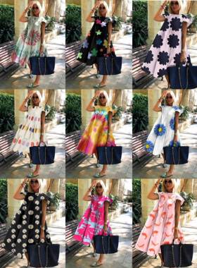 2020亚马逊wish欧美女装甜美度假印花大摆宽松A字中长连衣裙