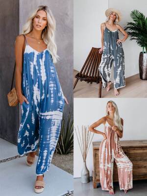 亚马逊ebaywish欧美女装新款夏吊带印花宽松阔腿连体衣长裤子