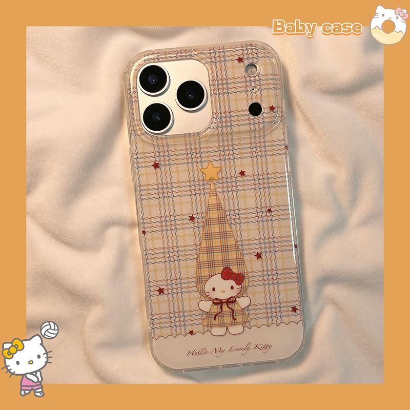 北比秋冬撞色格纹星星长帽KT猫适用iphone17promax手机壳苹果16新款15pro可爱17卡通14pm女16pro双层13全包硬