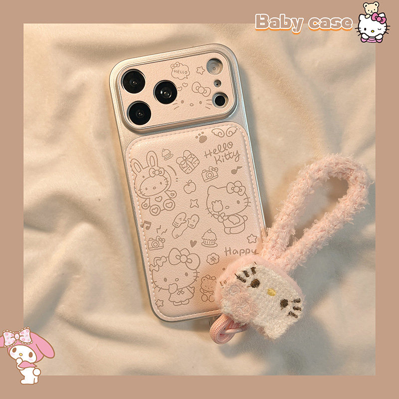 北比少女粉色涂鸦线条猫咪适用苹果17pro手机壳iphone16promax新款15带挂绳17可爱14pm日韩风15pro甜美16全包