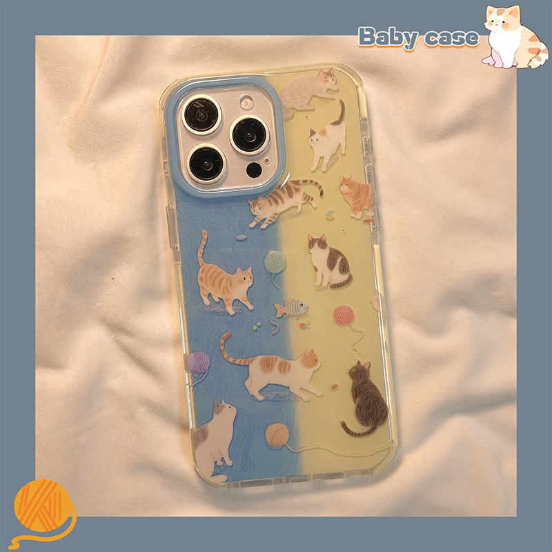 ins韩风蓝黄拼接毛线球猫咪适用苹果17promax手机壳iphone15新款16卡通16pro创意14pro小众女15pro双层13全包