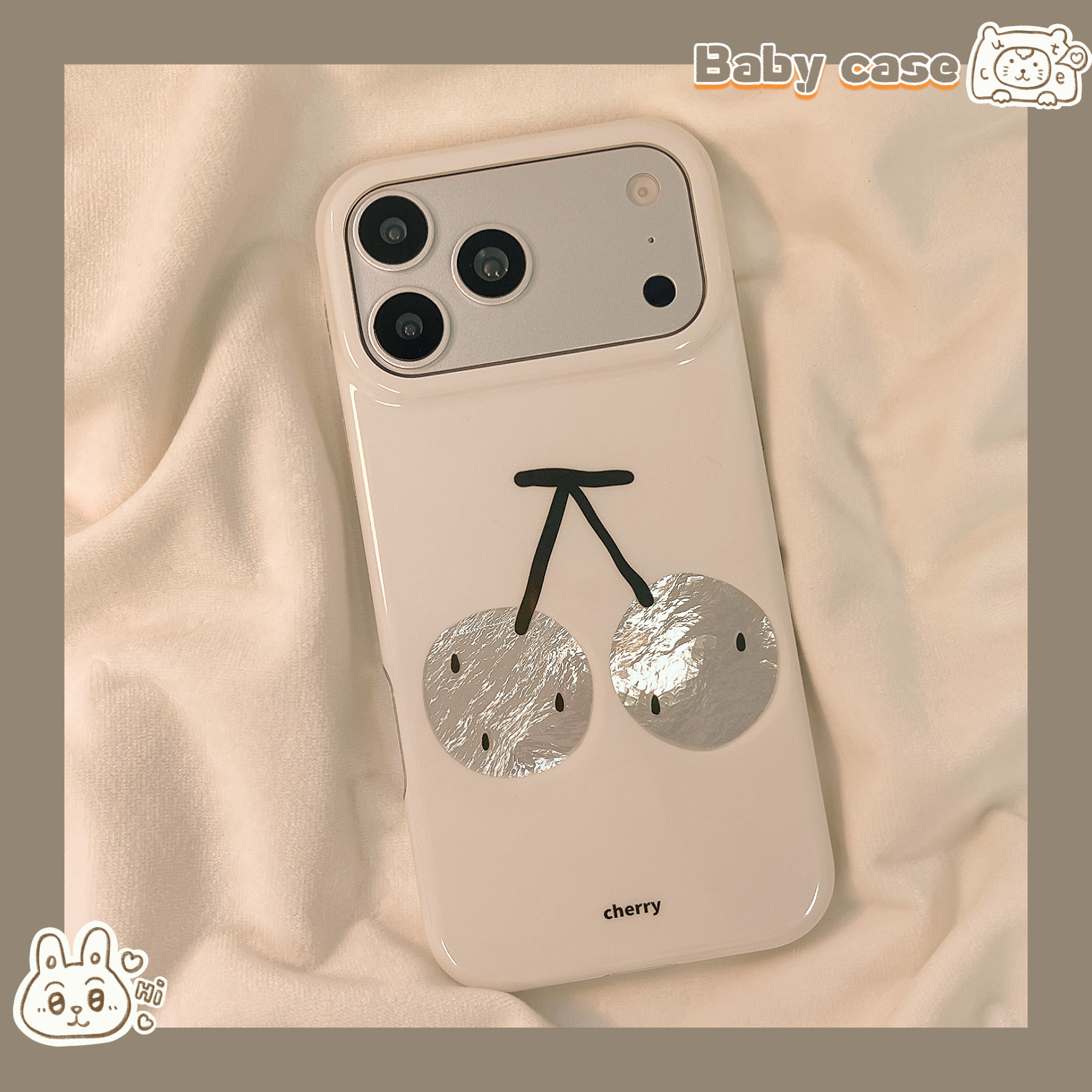 北比ins韩系小众白底褶皱银色樱桃适用苹果17promax手机壳iphone16pro新款15女17pro创意15pro全包防摔手机套