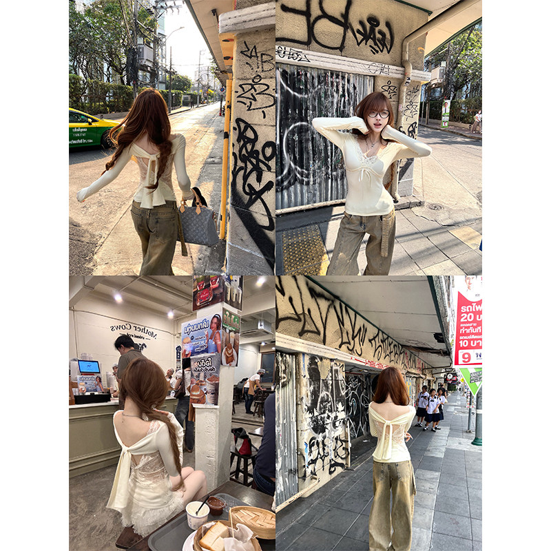 你的井井【美辣classic】辣妹风蕾丝漏背长袖T恤小众设计感上衣女