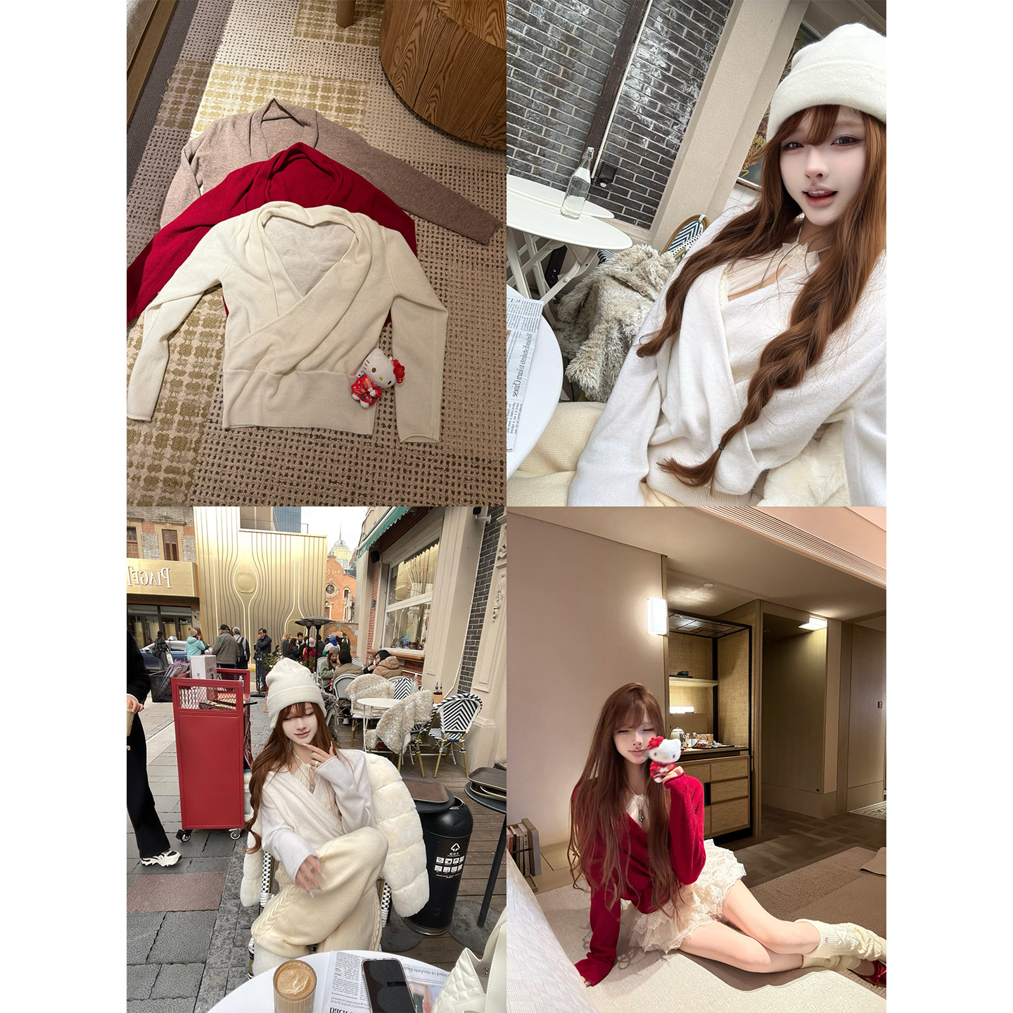 你的井井交叉V领100%羊毛毛衣