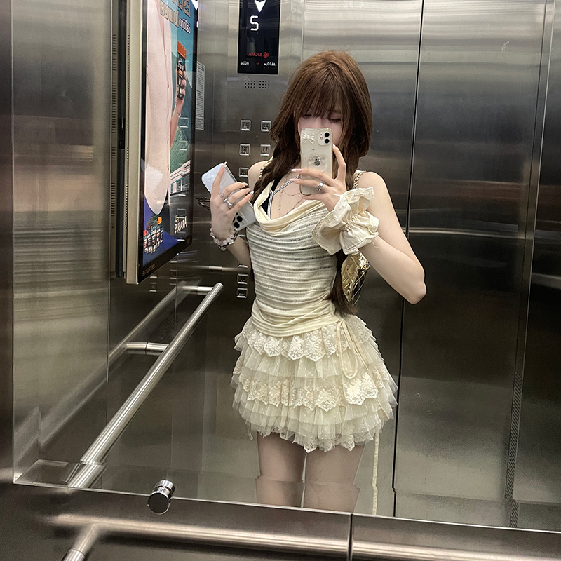 你的井井 古着私服 慵懒荡领针织背心镂空吊带套装辣妹纯欲两件套