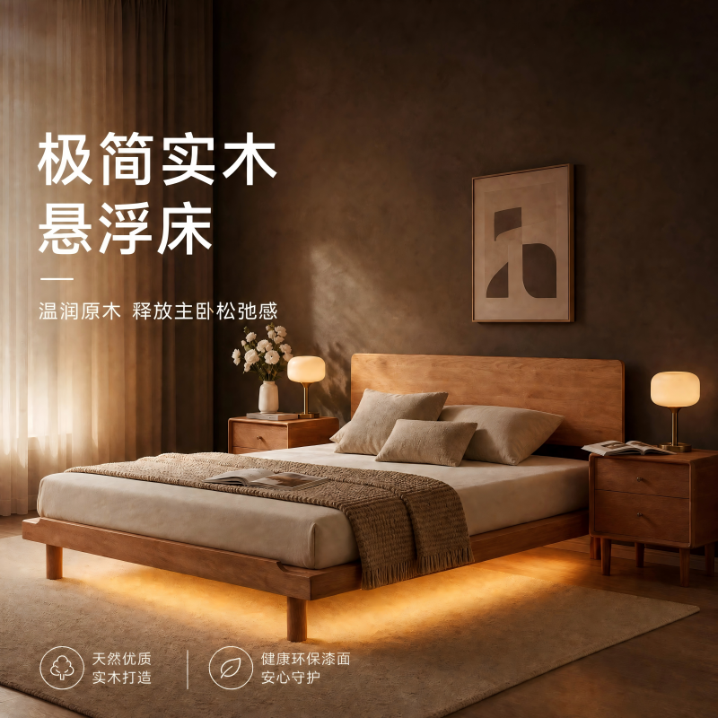 全实木床现代简约双人大床1米5