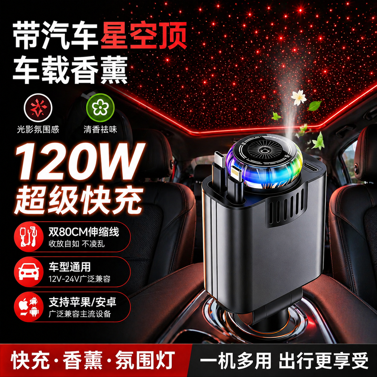 120w伸缩线车载充电器超级快充点烟器2026新款一拖二适用华为小米