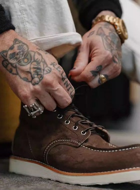 redwing 8836 2025新款固特异手缝棕色牛皮翻毛工装靴 现货