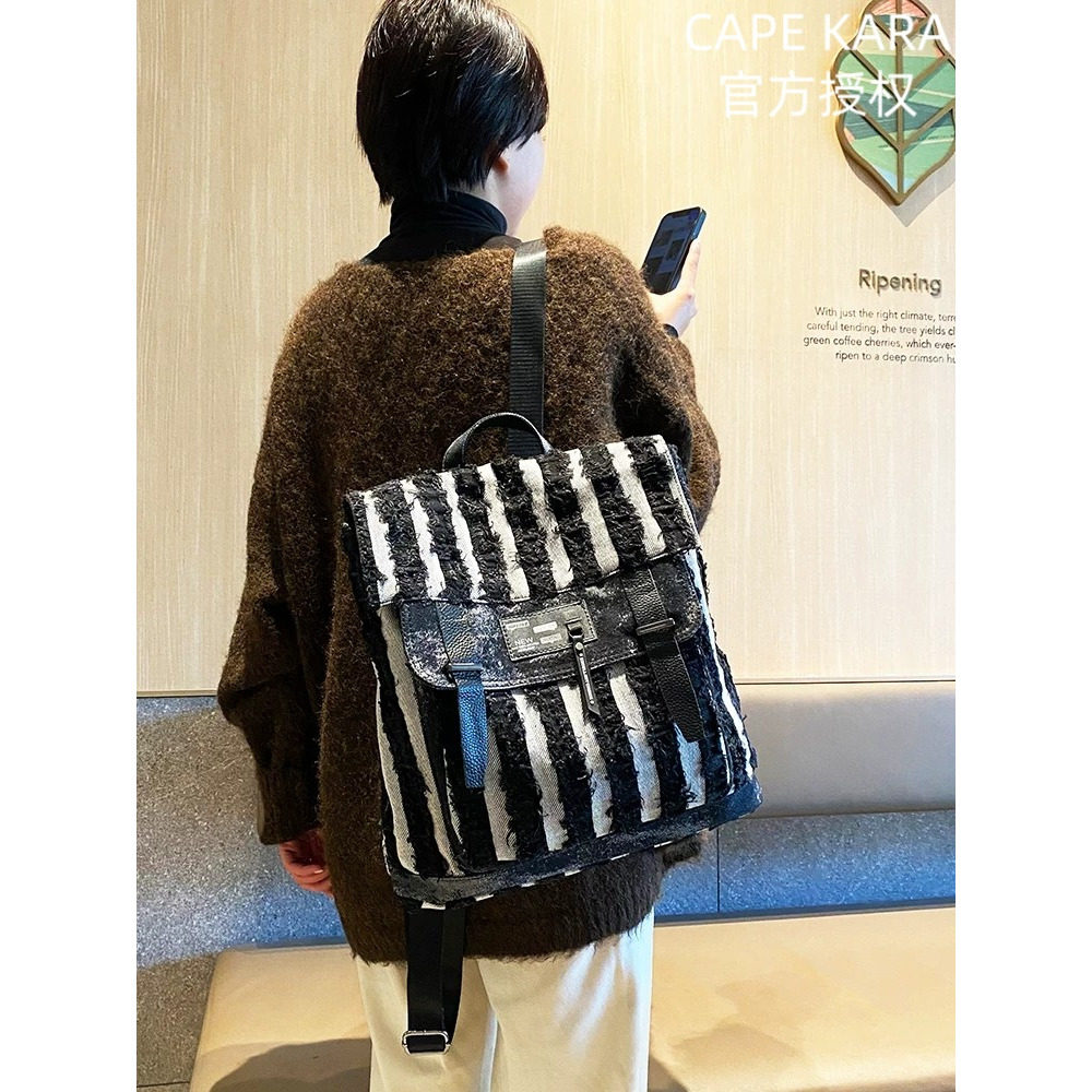 CapeKara牛仔帆布条纹双肩包